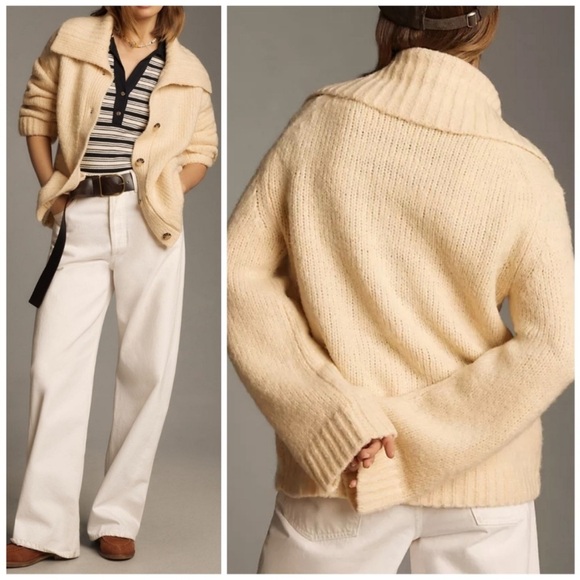 Anthropologie Maeve Coatigan Cream Chunky Knit Cardigan Jacket Wide Collar - Picture 5 of 14